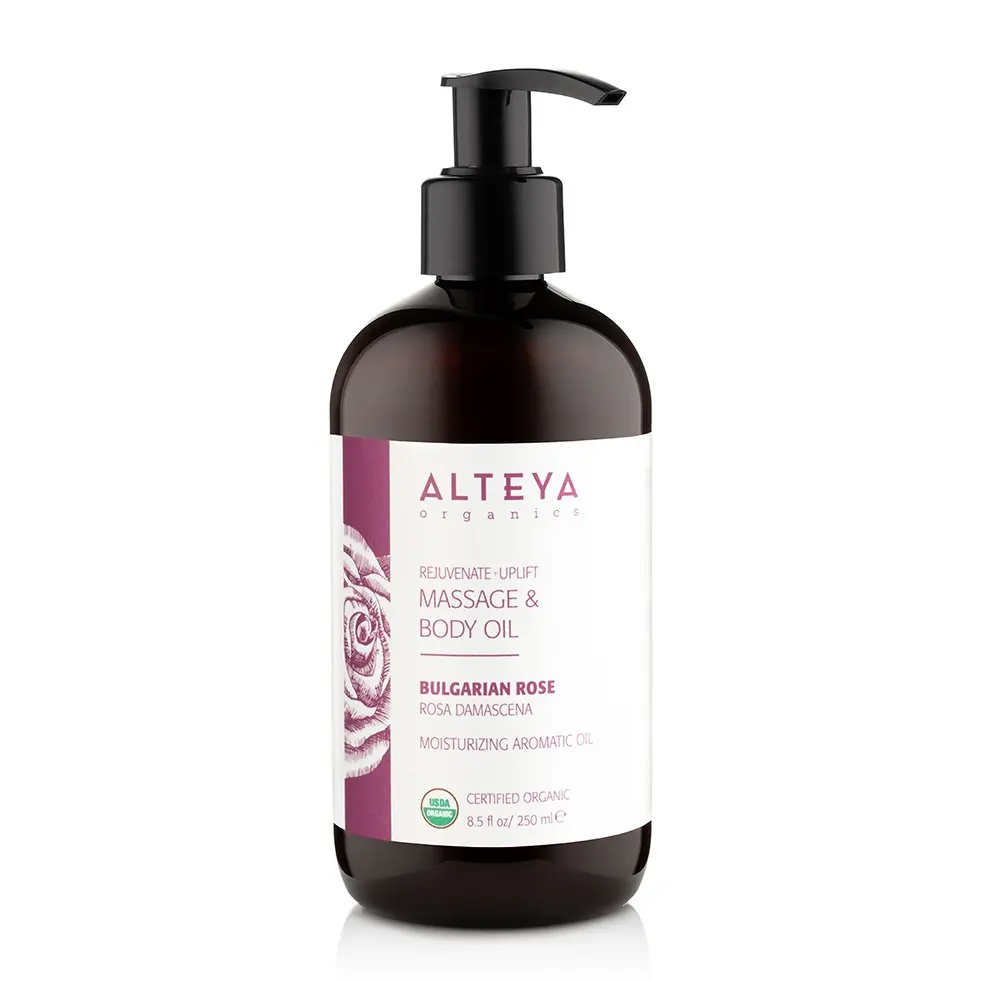 Alteya Organics Rejuvenating Rose Massage Oil - USDA Organic 250ml Bulgarian Fragrance Body Oil, High Quality Cosmetic Moisturizer, Vegan Soothing Body Care Blend for Soft Skin, Normal Skin Type, Daily Use