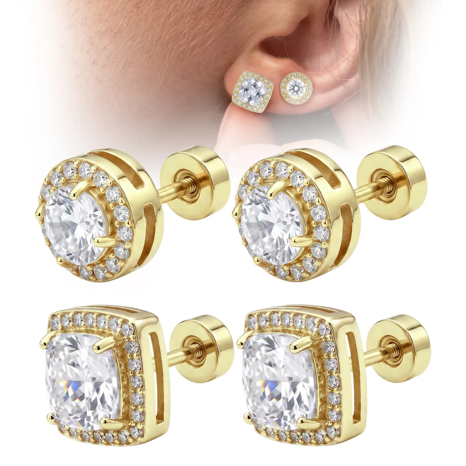 4 PCS Halo Zircon Stud Earring, Screw On Back CZ Halo Earrings, Timeless Round Square Halo Studs, Jewelry for Daily Party Work Wedding Gift