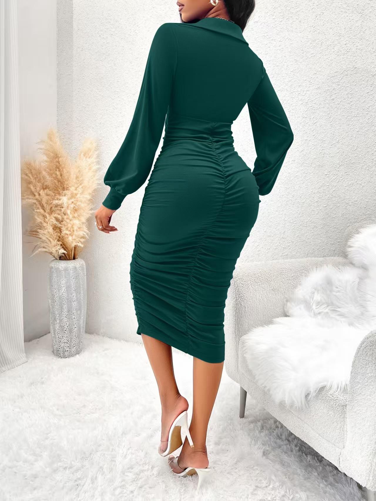 Women's Elegant Casual Chic Side Ruched Long Sleeve Slim Fit Bodycon Midi Dress for Autumn Fashion