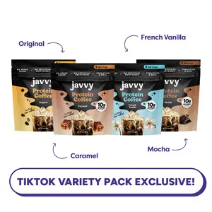 Javvy Protein Coffee Variety Pack, 4 Flavors (Original, Mocha, French Vanilla, Caramel) - Premium Whey Protein Instant Iced Coffee - No Artificial Flavors & Sweeteners, No Added Sugar, 20 Servings
