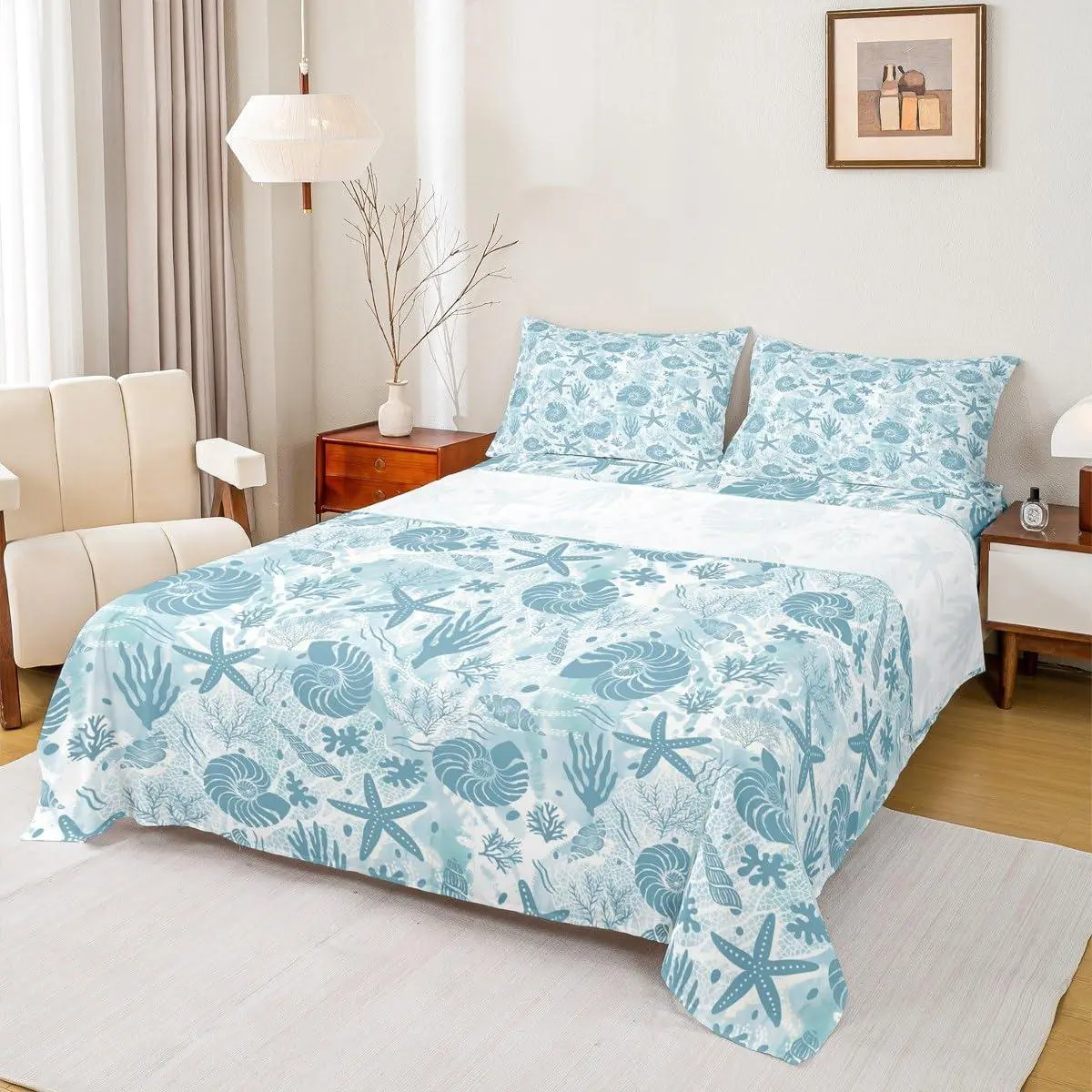 Seashell Conch Starfish Coral Sheet Set,Coastal Ocean Beach Bedding Set,Underwater Life Print Bed Sheet Navy Blue Tie Dye Fitted + Flat Sheet for Kids Teens Adult Bedroom Decor