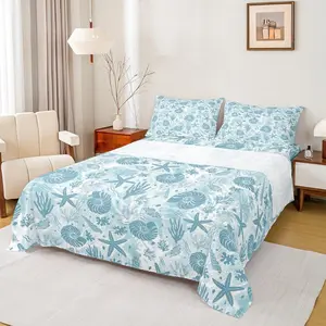 Seashell Conch Starfish Coral Sheet Set,Coastal Ocean Beach Bedding Set,Underwater Life Print Bed Sheet Navy Blue Tie Dye Fitted + Flat Sheet for Kids Teens Adult Bedroom Decor
