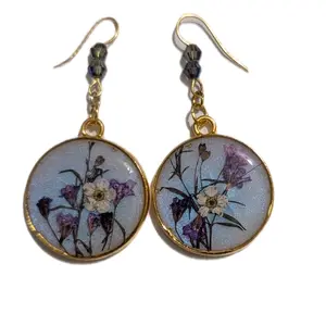 Malarie Wildflower Moonlight Earrings | Handmade Floral Resin Dangle Earrings | Purple Flower Jewelry | Shimmering Mica Background