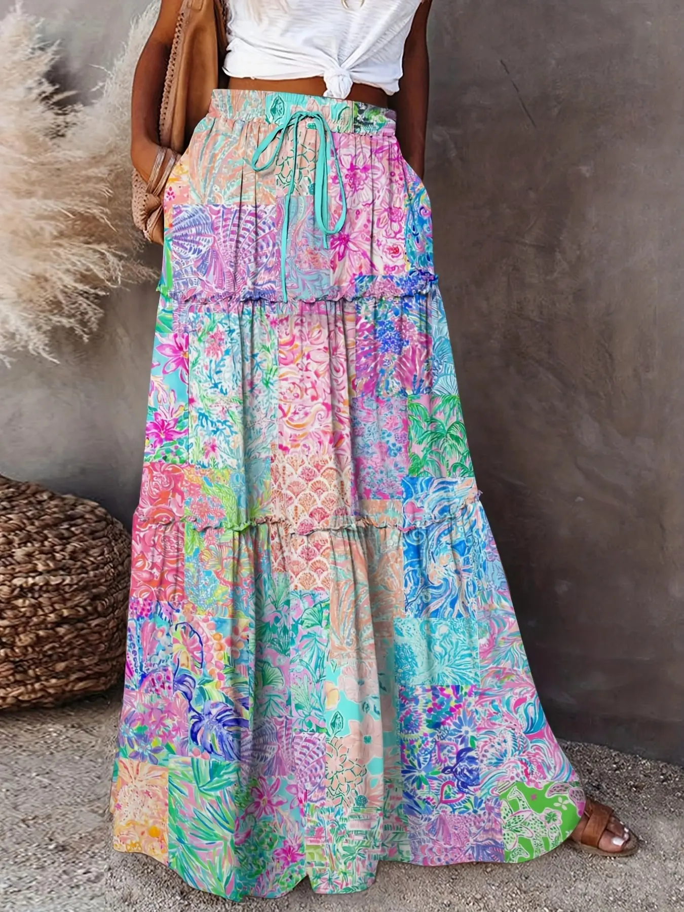 Boho Bohemian Ditsy Floral Print A-Line Loose Maxi Skirt, High Waist Elastic Waist Tie Front Adjustable, Summer Beach Dress, Slimming Hidden Pockets, Casual Vacation Style Aesthetic