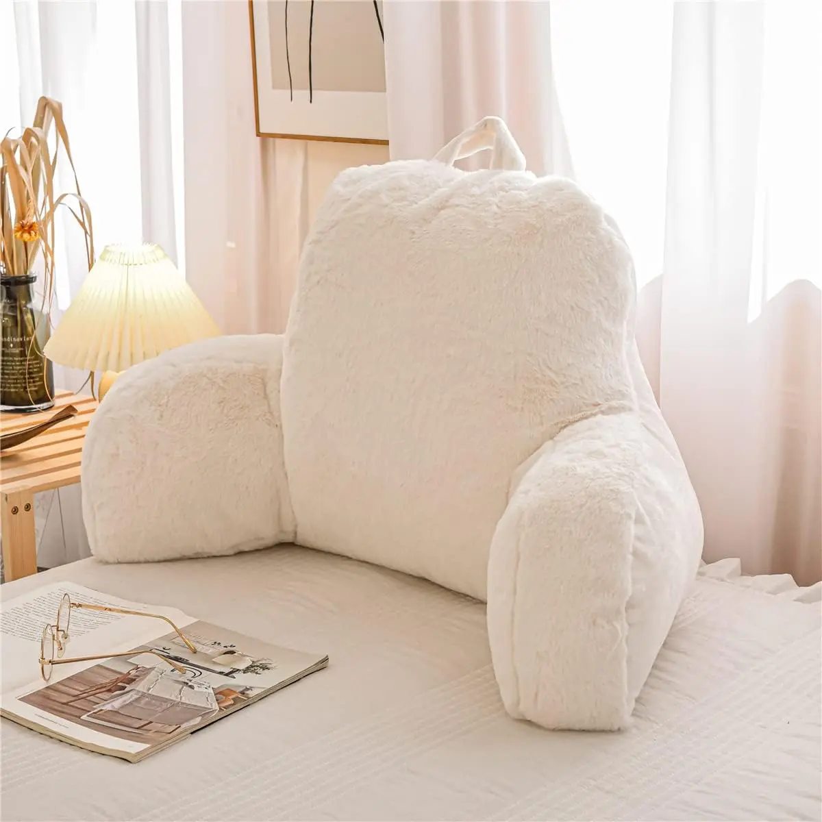 Standard Faux Fur Bed Rest Pillow with Arms, Fur Reading Pillows Perfect for Adults, Teens, Kids, Arm, Back, Pregnancy Lumbar & Head Neck Coccyx Back Cushion (Ivory)