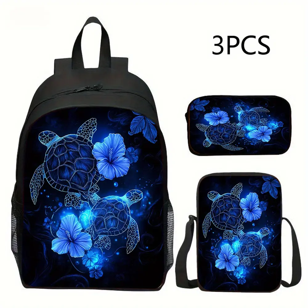 Neon Sea Turtle 3-Piece Backpack Set, Hibiscus Print School Bag + Lunch Bag + Pencil Case, Oxford Cloth Adjustable Strap Daypack for Ocean Lovers & Kids