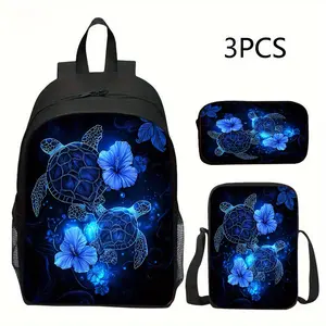 Neon Sea Turtle 3-Piece Backpack Set, Hibiscus Print School Bag + Lunch Bag + Pencil Case, Oxford Cloth Adjustable Strap Daypack for Ocean Lovers & Kids