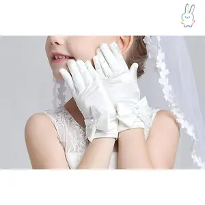 ERT-Pair of Youngsters' Elegant Satin Bows Gloves, White with Lace Trim - Ideal for Weddings, Christmas & Thanksgiving, Machine Washable, Fits 3-6Y