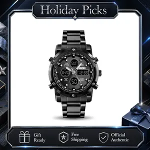 SKMEI Men's 48mm Big-Face Casual Watch - Analog-Digital Dual Display, 30M Waterproof, Stainless Steel Band, Backlight, Stopwatch, Alarm, Day-Date, 12/24H, Triple Time Zones, Rugged Outdoor Digital Quartz Wristwatch for Men's Accessories