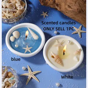 1pc Ocean Style Gypsum Bowl Scented Candle with Shell & Starfish Decor, Home Desktop Aroma Ornament Perfect for Gifting
