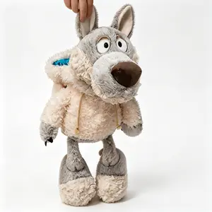 Soft Fluffy Cartoon Gray Wolf Plush Pillow Cute Stuffed Wolf Doll Polyester Fiber Sofa Couch Decor Bedroom Throw Pillow Birthday Gift