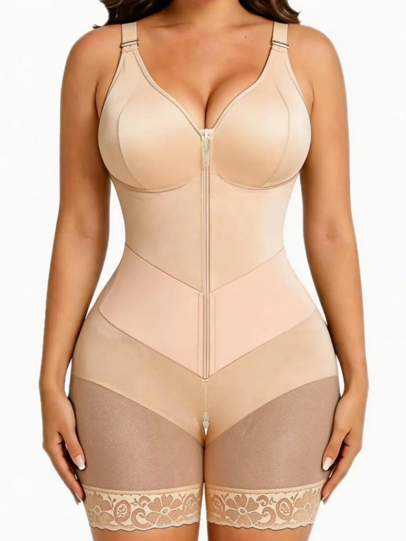 1 Count Women's Front Zipper Body Shaperwear, Colombian Shapewear, Womenswear, Underwear, Lace Trim Body Shaper, Adjustable Shoulder Strap Bodysuit, Breathable Bodysuit, V-Neck Skin-Friendly Shapewear, Suitable For Everyday Use