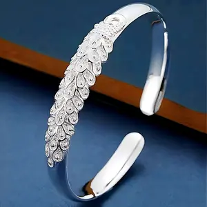 Silver-Plated Peacock Engraved Open Bangle Bracelet – Alloy Adjustable Cuff for Women Best Gift For Her, Holiday Gift, Mother'S Day, Valentine'S Day, Birthday Party Maximalist Jewelry