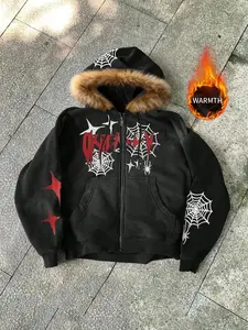 Y2K Street Style Spider Web Embroidery Unisex Heavy Jacket, Long Sleeve Fitted H-Type Design with Pockets