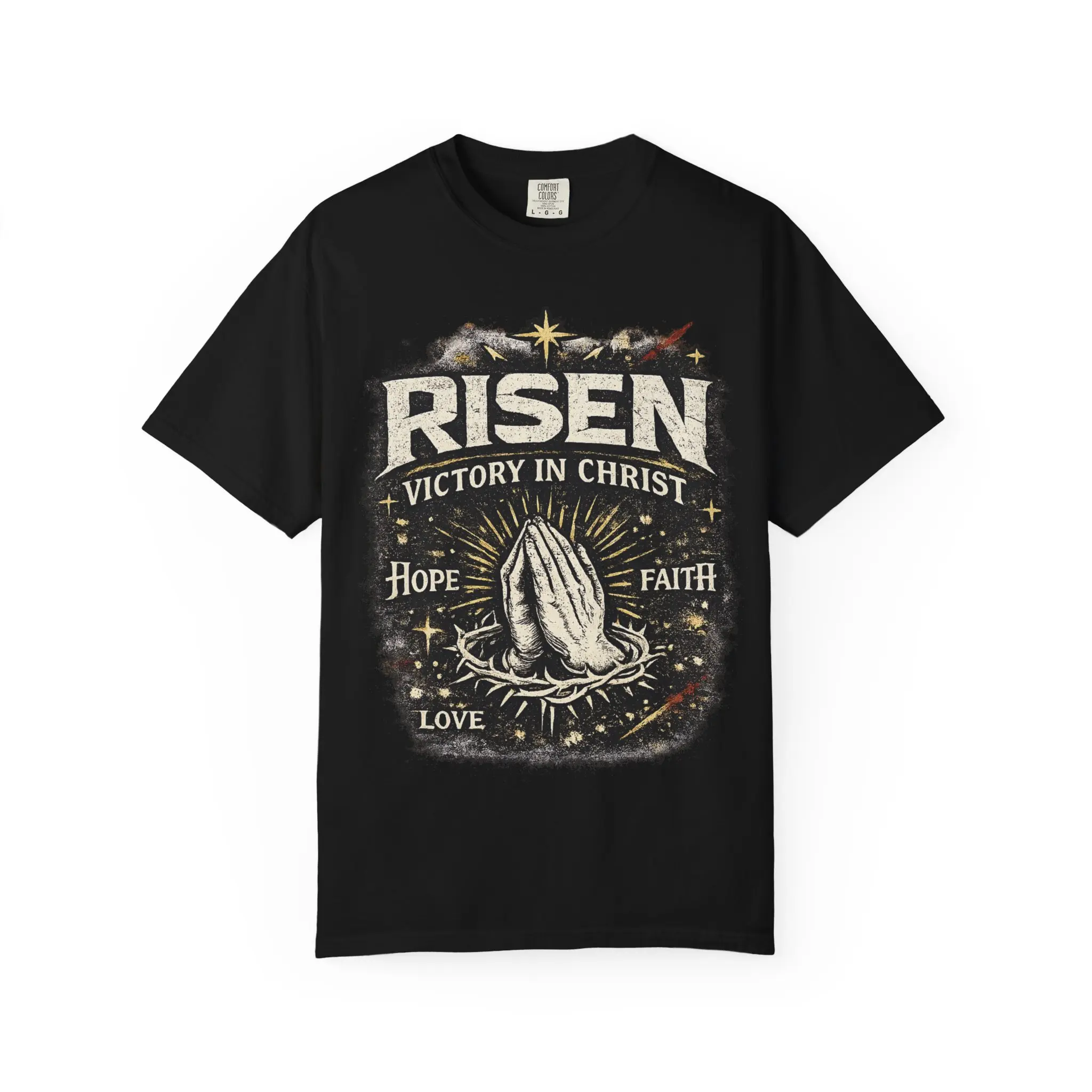 Risen Victory in Christ praying hands T-Shirt | Hope Faith Love Christian design