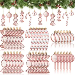 Christmas Candy Ornament Set 30 Pcs Plastic Peppermint Candy Cane Christmas Decorations Christmas Candy Lollipop Ornament Xmas Hanging Lollipop Pattern Decorations with Rope (Rose Gold White)