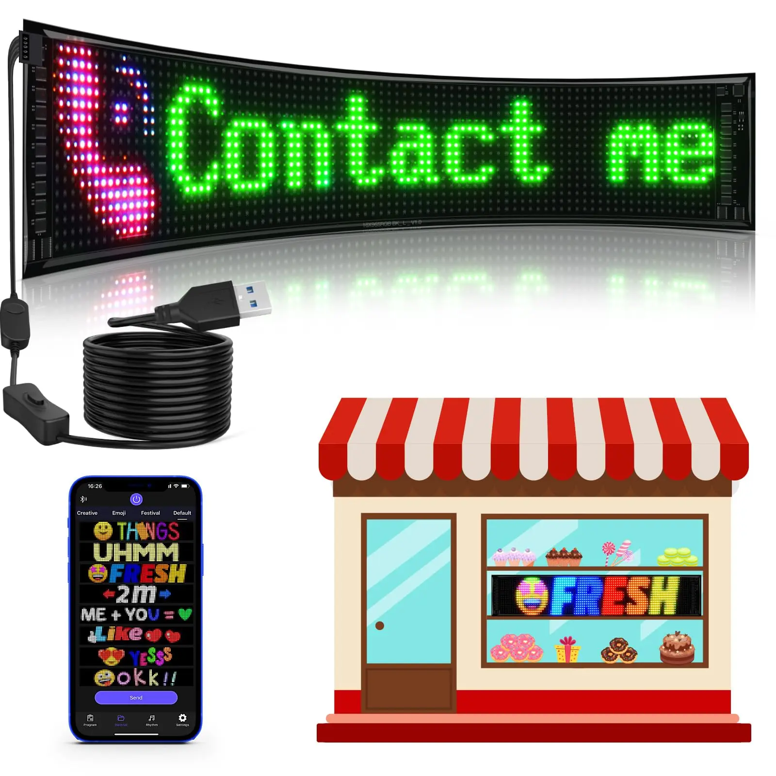 Led Sign App KJOY Huge Bright Advertising Programmable LED Sign,23''x5'' Flexible ...