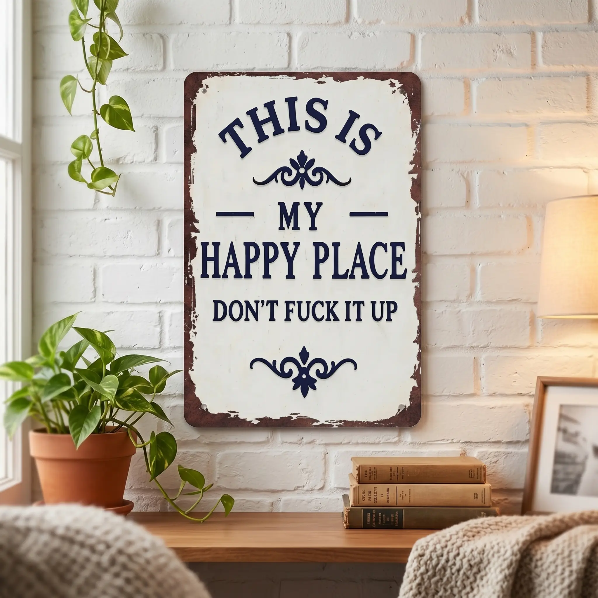 Rustic Farmhouse Design Rectangular Metal Sign - 8x12 in Waterproof Fade-Resistant Aluminum Novelty Decor, "This Is My Happy Place Don't Fuck It Up", Hanging Nail-Mountable Easy DIY Decorative Lettering Home Sign for Home, Fast Shipping for DIY Lovers