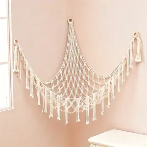 60in Plush Toy Hammock Net - Boho Hangable Net for Stuffed Animal Corner Hanging Net, Practical Cotton Corner Wall Net Organiser for Bedroom Nursery Decoration