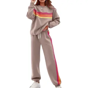 Women's Retro Rainbow Stripe Tracksuit Set Black Long Sleeve Sweatshirt with Horizontal Stripes and Sweatpants with Side Colorful Stripes Cozy Soft Comfy Athleisure Daily Wear Street Style Lounge Outfit