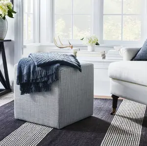 Lynwood Square Upholstered Cube Ottoman Ticking Navy Stripe