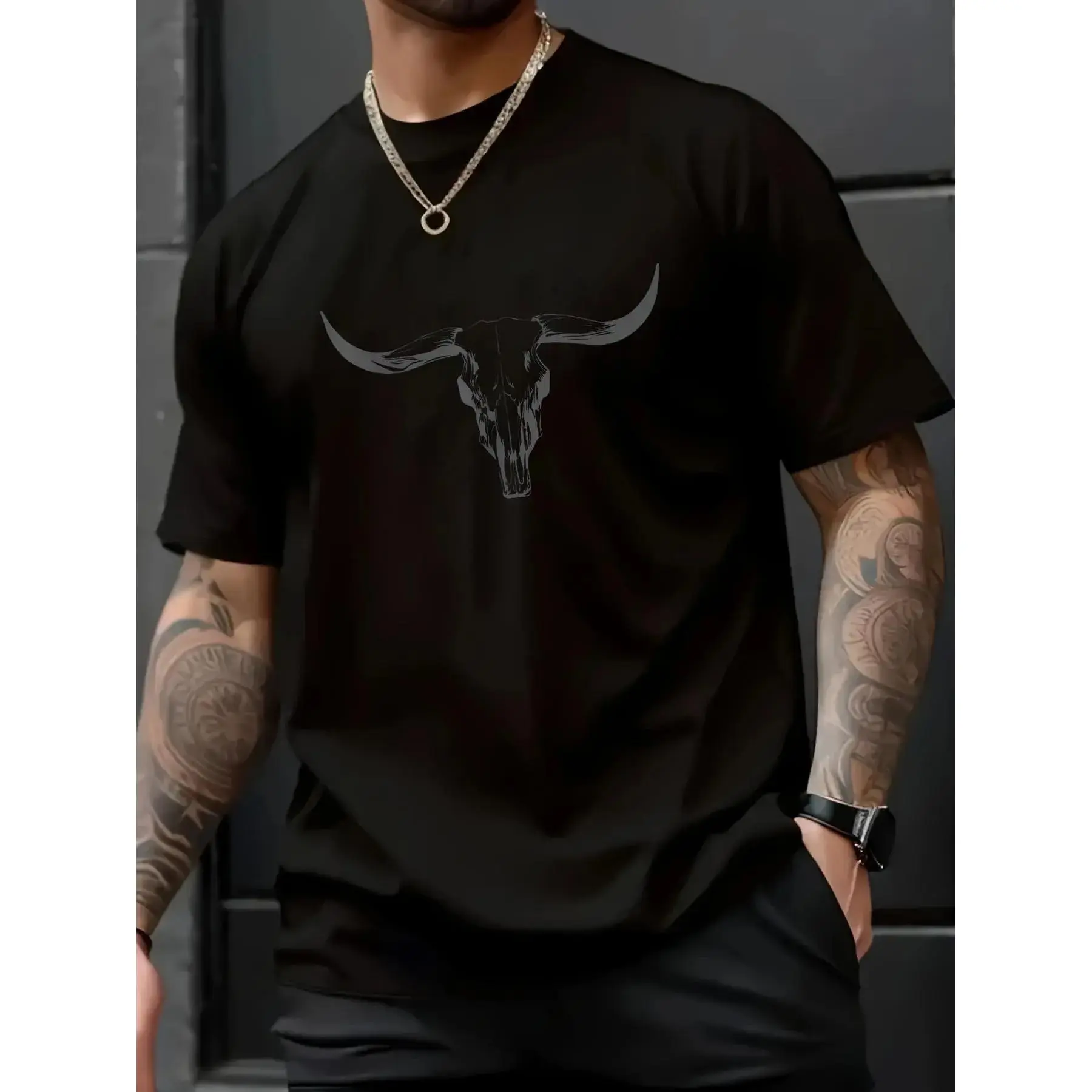 100% Cotton Western Boho Cow Skull Cowgirl Cowboy Bull Skull Vintage T-Shirt, Casual Fitted Loose Streetwear, Summer Fashion Top