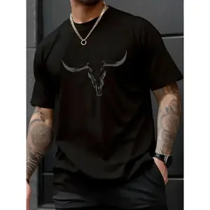 100% Cotton Western Boho Cow Skull Cowgirl Cowboy Bull Skull Vintage T-Shirt, Casual Fitted Loose Streetwear, Summer Fashion Top