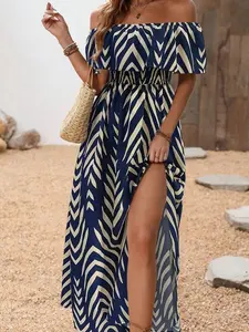 Summer Vacation Casual Off-Shoulder Split Leaf Print Dress with Flounce Sleeve Short Sleeve Boho Style Blue and White Colorblock All Over Print A Line Midi Dress for Women - Day, Womenswear