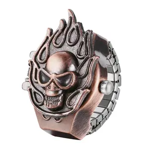 OIDEA Halloween Flame Skull Stretch Ring Watch with Vintage Finish, Openable Skull Top, Unisex Novelty Costume Finger Watch with Numeral Dial