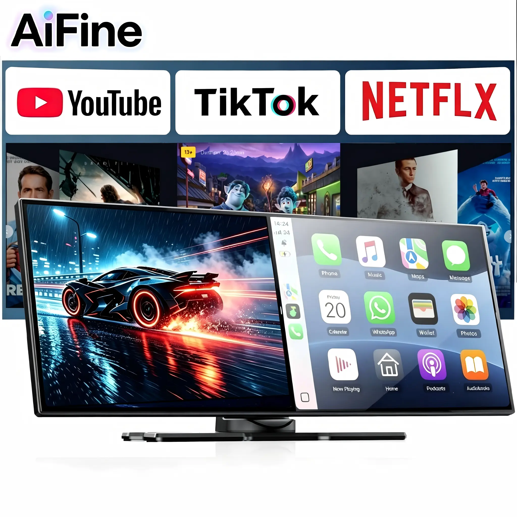 【SummerFinds】AiFine 10.25-inch CarPlay screen - Supports Netflix,TikTok,and YouTube Apps, Split-Screen App Usage, 1080P Backup Camera Support, Navigation, and Voice Assistant. Compatible with iOS 10+ and Android 11+