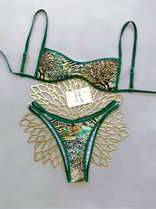 New Split Bikini Set, Leopard Print, Halter Neck Triangle Cup, Adjustable Straps, High Cut Shorts, All Seasons