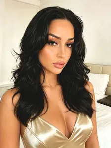 Short Wavy Wig 13x4 Lace Front Wigs Pre-Plucked Hairline Soft HD Lace Frontal Wig Black Body Wave Synthetic Glueless Wig, Pre Styled Wig, Free Parting Wavy Wig for Women Everyday Wear School Dating Music Festival 16 Inch