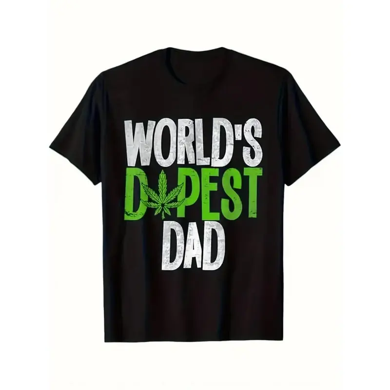 Men's Round Neck Shortsleeve Cotton-Polyester Blend T-Shirt - Loose Casual Menswear, "World's Dopest Dad" Graphic, Simple Soft Slight Stretch, All-Seasons Streetwear, Hand Wash Only, Hilarious Dad Gift