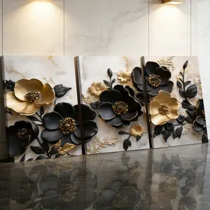 3 Counts Wooden Framed Canvas Painting, Luxury Black And Gold Floral Artwork Images, Exquisite Poster, Perfect Gift, Decor For Living Room, Bedthroom, Modern Art, Fashion Family Poster, Wall Art Decoration, Modern Floral Paintings