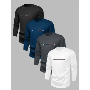 Men's Letter & Striped Print Round Neck Longsleeves Sweatshirt, Loose Casual Soft Long Sleeve Pullover for Fall & Winter, Men's Clothes for Daily Wear