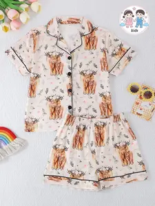 2-Piece Kids' Fire-Resistant Pajama Set, Short Sleeve Button Front, Cartoon Print Pajama, Cartoon Pattern, All Seasons, Boys & Girls, Holiday Party