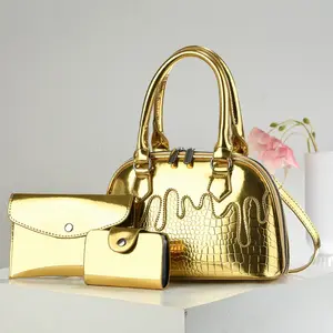 Crocodile Embossed 3-Piece Dome Bag Set for Women, Glossy Patent Leather Handbag with Chocolate Drip Detail & Detachable Crossbody Strap