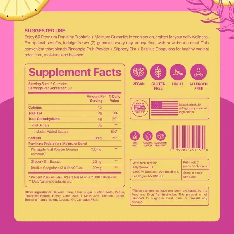 Slippery Kitty Feminine Probiotic + Moisture Gummies - All in One Solution with Slippery Elm Odor Control, Flora Support and Moisture Boost 60 Count Pineapple Flavor