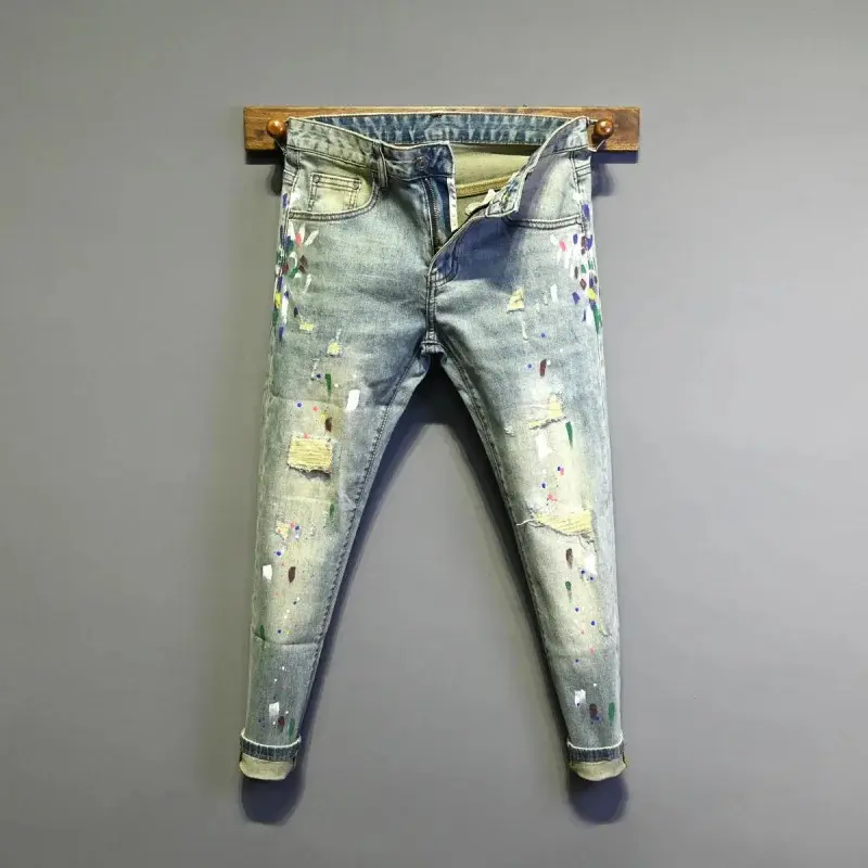 Spring New Trendy Brand Jeans Men's Splash Ink Graffiti High Street Painting Fashion Slimming Small Foot Pants
