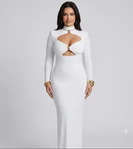 ChicChrve Women's Casual Elegant Mock Neck Long Sleeve Cutout Bodycon Maxi Dress, Slim-Fit Ruched Solid Color Pencil Dress for Womenswear