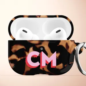 Monogram Tortoise Pattern Air Pods Case, Personalised Cute Initial Hard Plastic Protective Airpods Pro Case