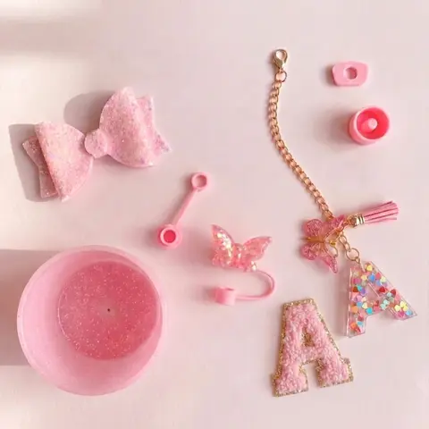 Coquette Bow Kit 8 Pcs, Pink Glitter Bow Charm, Butterfly Straw Topper, Personalized Letter Charm Keychain, Chenille Patch, Silicone Boot for 40oz Cup with Handle, Drinkware Accessories