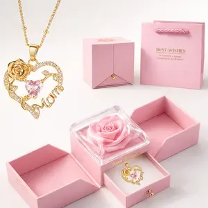 Rose Jewelry Gift Box With Gold Heart Mom Pendant Necklace Exquisite Packaging For Mother's Day Birthdays Holiday Gifts Set for Mom Gold Plated Amulet