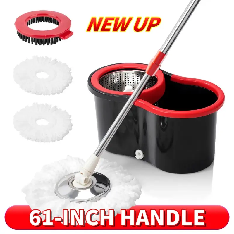Sturdy Rotatable Spin Mop and Bucket Set with Wringer - 360° Rotating System, 3 Microfiber-Cotton Refill Heads, 61-in Adjustable Stainless Steel Handle, Home Goods Cleaning Supplies for Hard Floors, Bathroom Use