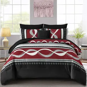 Burgundy Comforter Set  Size,8 Pieces Bed in a Bag Patchwork Striped Bedding Sets,Boho Soft Microfiber Bedding Set for All Season(104"90")
