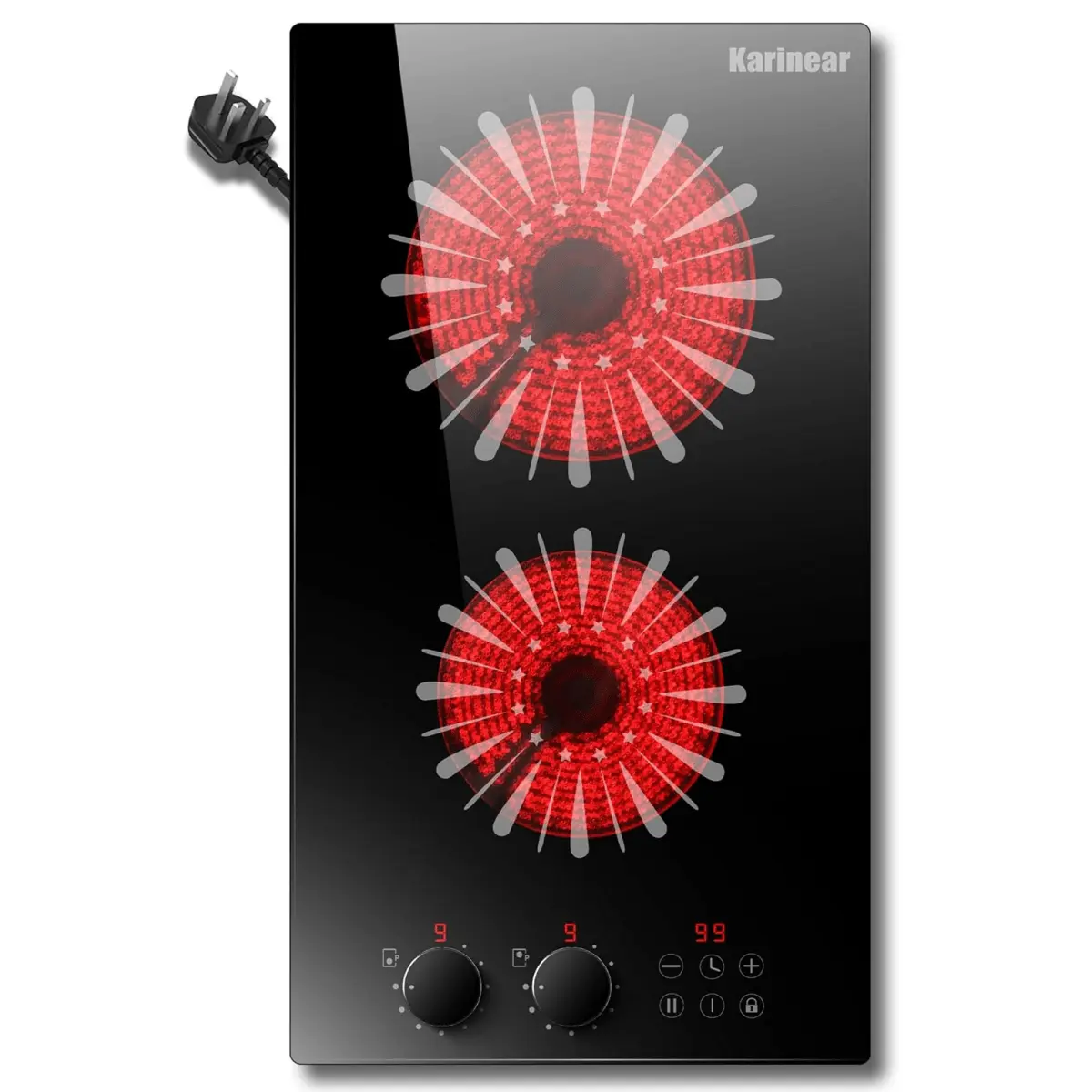 Karinear Portable Double Electric Induction Hob - 9-Level High Power 2000w, Knob & Sensor Touch Control, Aluminium Build, Child Safety Lock, Easy to Clean, Compatible with Most Cookware, Household Kitchen Appliance for Elderly Individuals
