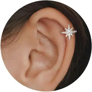 Star 14K Gold Plated Ear Cuff Earrings for Women Non Piercing, Dainty Silver Plated Clip on Cartilage Ear Cuff Non Pierced Trendy CZ Northstar Starburst Adjustable Sparkling Ear Cuffs Earring Jewelry