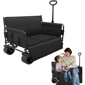 Folding Wagon Cart with Bench Seat – 500 Lbs Heavy Duty Collapsible Wagon for 2 Adults – Big Wheels Carbon Steel for Beach, Camping, Sports, Shopping