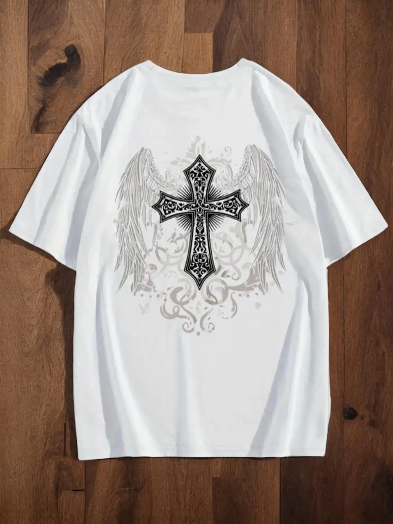 Men's Regular Fit Cross & Wing Print Drop Shoulder Tee, Casual Short Sleeve Round Neck T-shirt for Summer, Summer Outfits, Menswear for Daily Streetwe