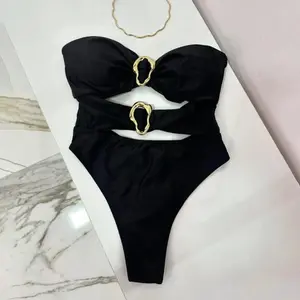 2026 New Women's Metal Ring Cutout Bandeau High-Leg One-Piece Swimsuit Sleek Silhouette Supportive Fit Modern Slimming Beach Vacation Pool Party Swimwear TikTokShop